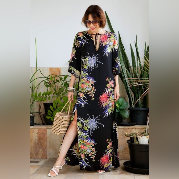 Zara Black Floral V-Neck Kaftan Maxi Dress Small - Picture 6 of 10